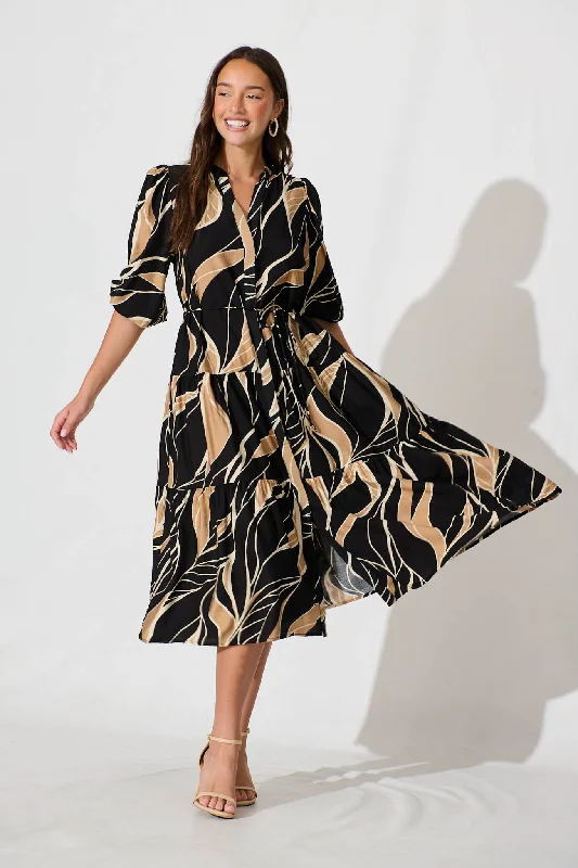 Vinnie Midi Dress In Black And Beige Leaf Cotton Blend Trendy Flared Sleeve Midi Dress