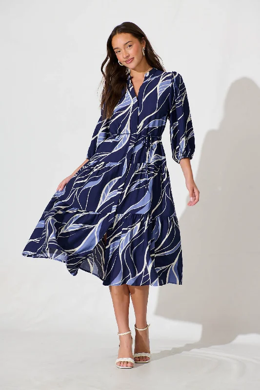 Vinnie Midi Dress In Navy And Blue Leaf Cotton Blend Trendy A-Line Midi Dress