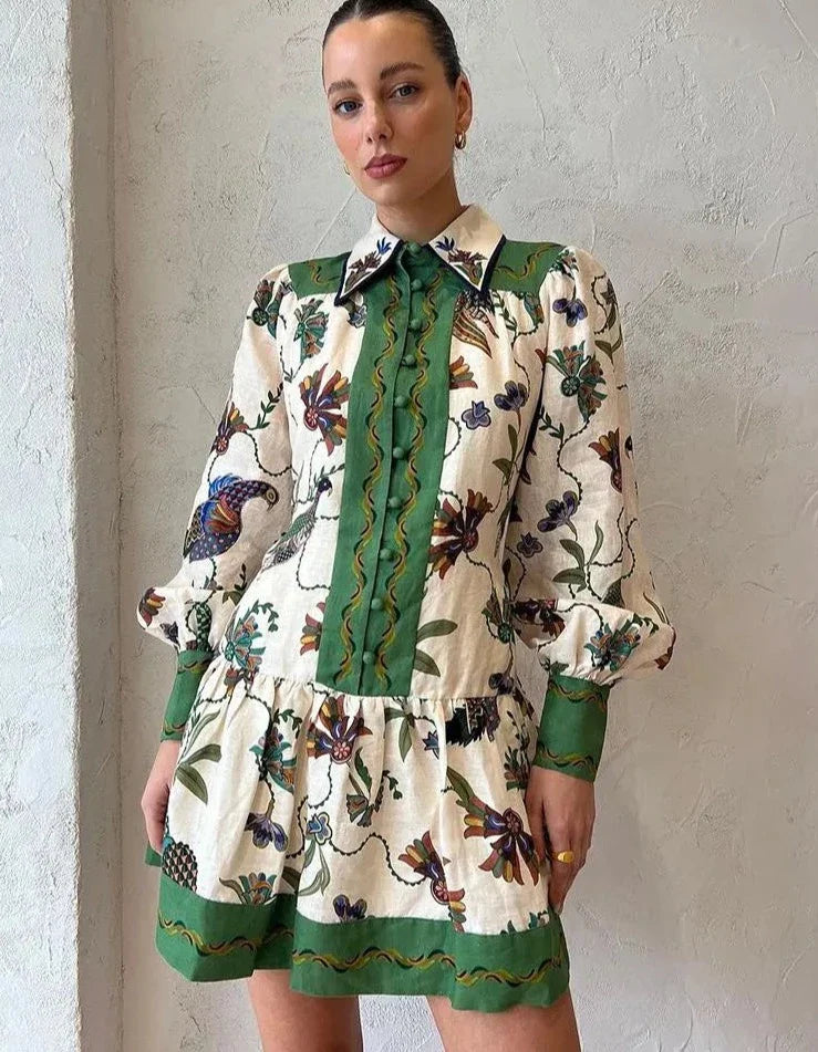 Vintage Floral Print Mini Dress Women Long Lantern Sleeve Single Breasted Fashion Holiday Dresses Summer Loose Casual New Trendy Floral Mini Dress