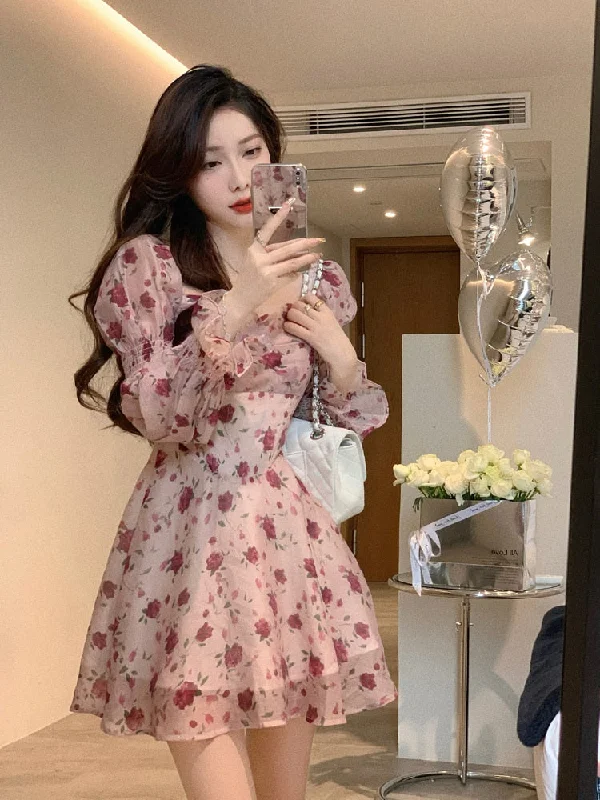 Vintage Sweet Korean Fashion Floral Bodycon Mini Dress for Women Party Beach Long Sleeve Casual Dresses Elegant Summer Pink Cozy Ruched Mini Dress