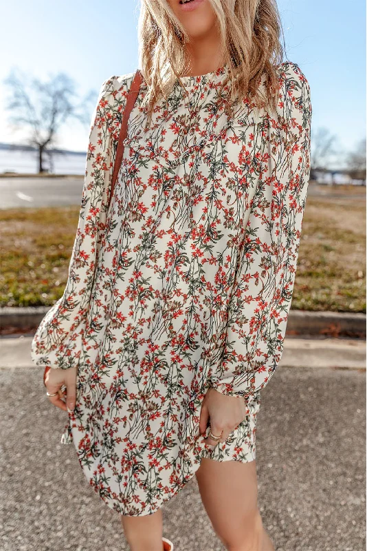 White Floral Printed Long Sleeve Mini Dress Casual V-Neck Mini Dress