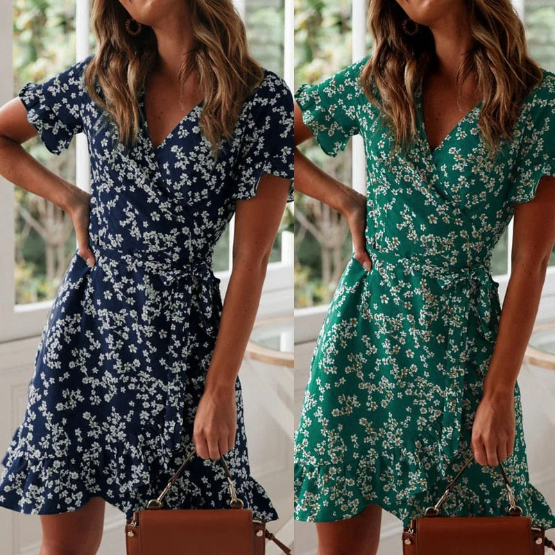 Women Dresses Summer  Sexy V Neck Floral Print Boho Beach Dress Ruffle Short Sleeve A Line Mini Dress Sundress Robe Pbong mid size graduation outfit romantic style teen swag clean girl ideas 90s latina aesthetic Classic Solid Mini Dress