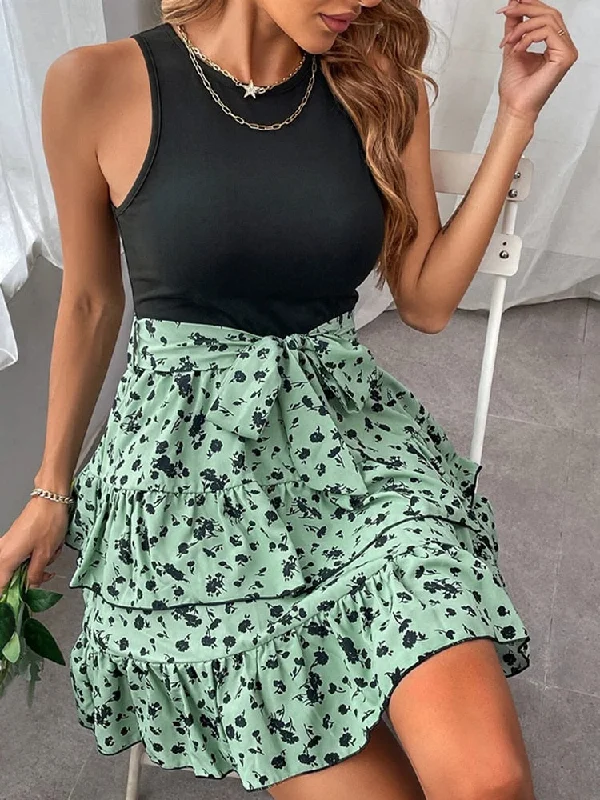 Women Floral Ruffled Layer Sleeveless Mini Dress Casual Tie Waist Short Tank Dress Beach A Line hort Dress with Belt Summer Fashionable Lace-Trim Mini Dress