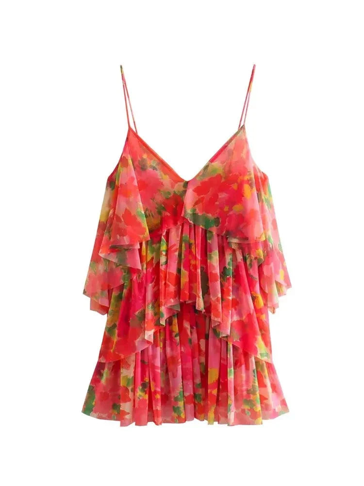 Women Sexy V Neck Tropical Floral Print Pleat Ruffles Sling Mini Dress Female Chic Backless Summer Mesh Cozy Wraparound Mini Dress