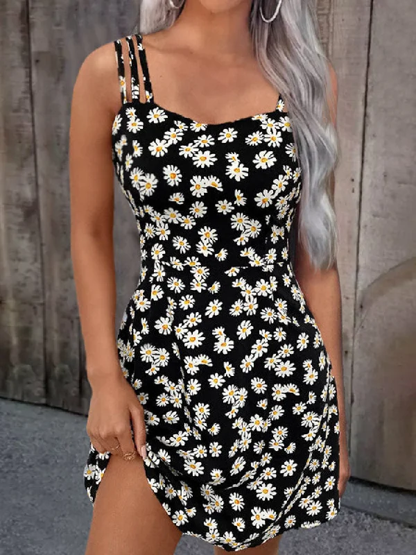 Women Summer Mini Dresses Vintage Floral Little Daisy Print Boho Beach Dress Sexy Sleeveless Sling A Line Loose Dress Fashionable Lace Mini Dress