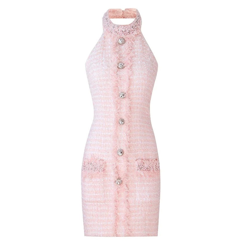 HarleyFashion Women Rhinestone Pink Tweed Backless Dress Tassel Diamonds Buttons Lady Bodycon Mini Dresses Fashionable Lace-Trim Mini Dress