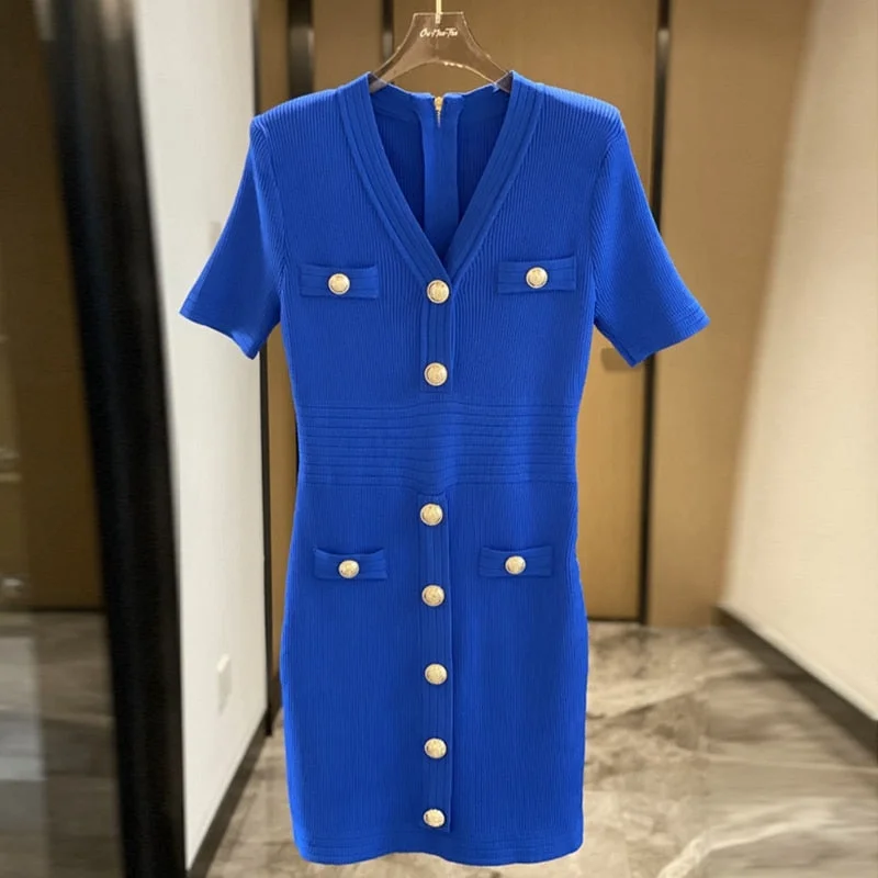 New Autumn Blue/white/black Knitted Dresses for Women 2022 Designers Casual V-neck Short Sleeve Mini Dress Female Vestidos Modern Satin Mini Dress