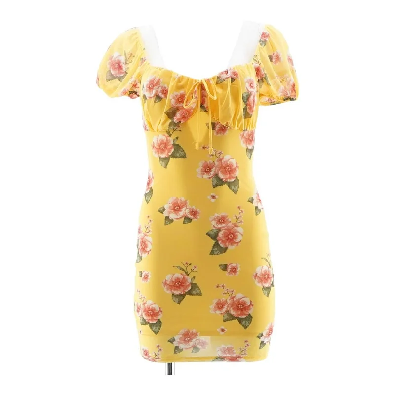 Yellow Floral Mini Dress Chic Puff Sleeve Mini Dress