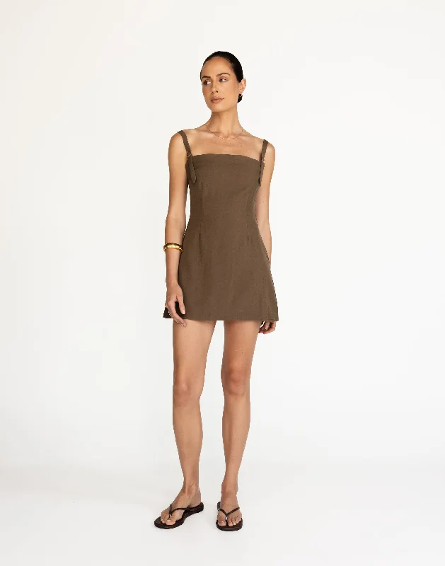 Dominique Mini Dress (Coffee) Chic Tropical Mini Dress