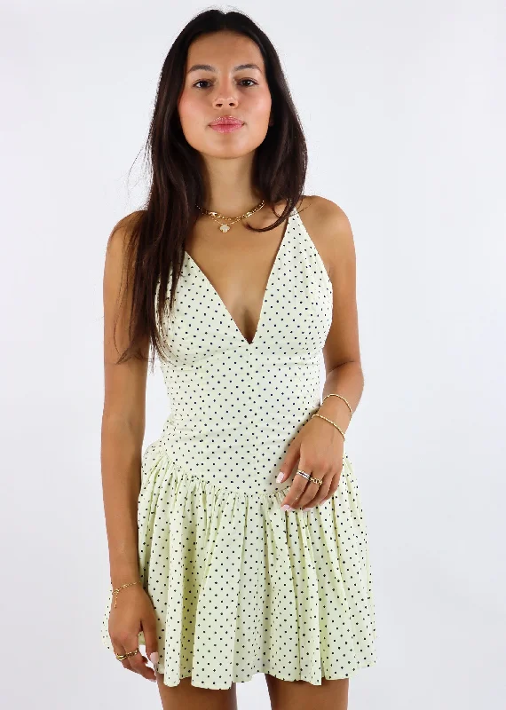 Dippin Dot Drop-Waist Mini Dress ★ Cream Polka Dot Elegant Satin Lace Mini Dress