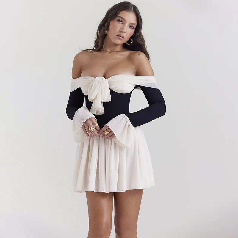 Tie Front Off Shoulder Corset Mini Dress Cozy A-Line Mini Dress