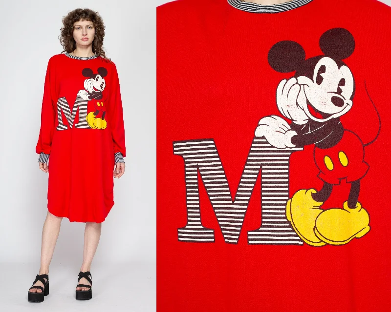 1X 80s Mickey Mouse Red Sweatshirt Dress Hoodie with Bell Sleeves Flared Feminine