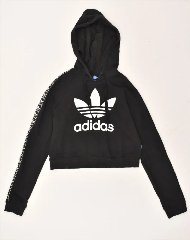 ADIDAS Womens Crop Graphic Hoodie Jumper UK 10 Small Black Cotton Hoodie with Elastic Waist Stretchable Comfortable