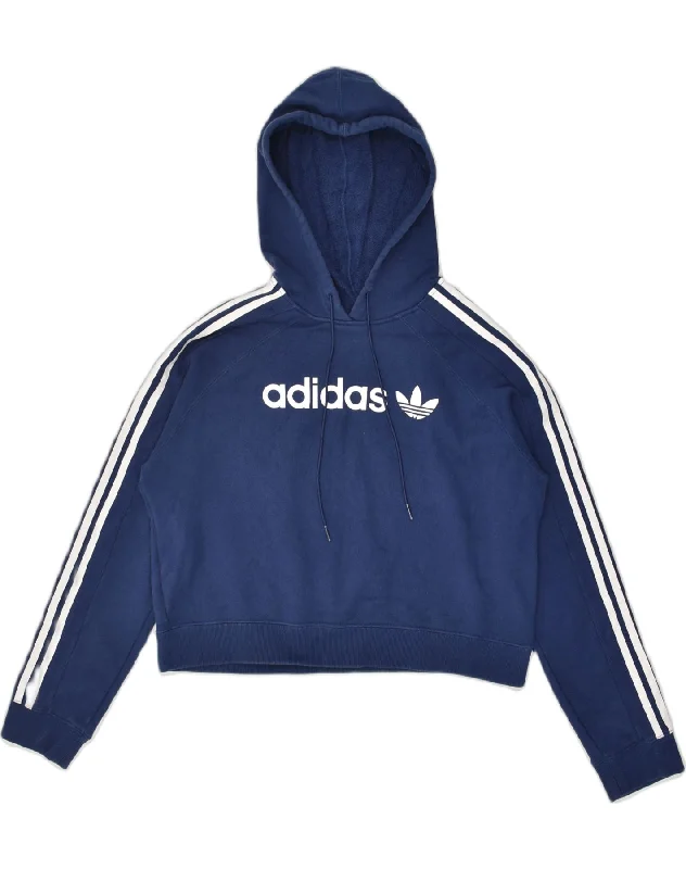 ADIDAS Womens Crop Graphic Hoodie Jumper UK 8 Small Navy Blue Cotton Hoodie with Drawcord Adjustable Secure