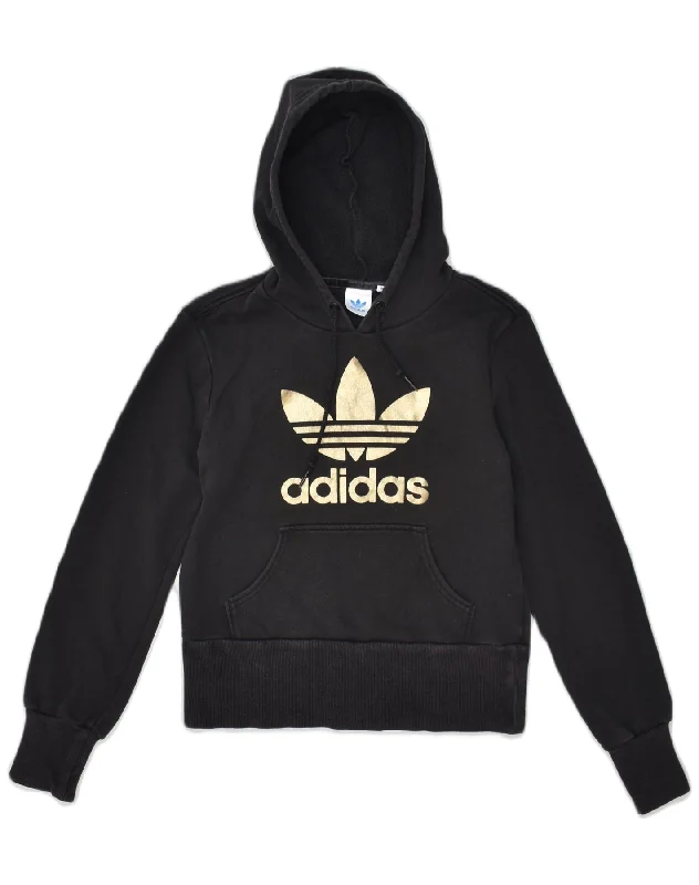 ADIDAS Womens Graphic Hoodie Jumper EU 38 Medium Black Cotton Hoodie with Ribbed Neckline Snug Warm