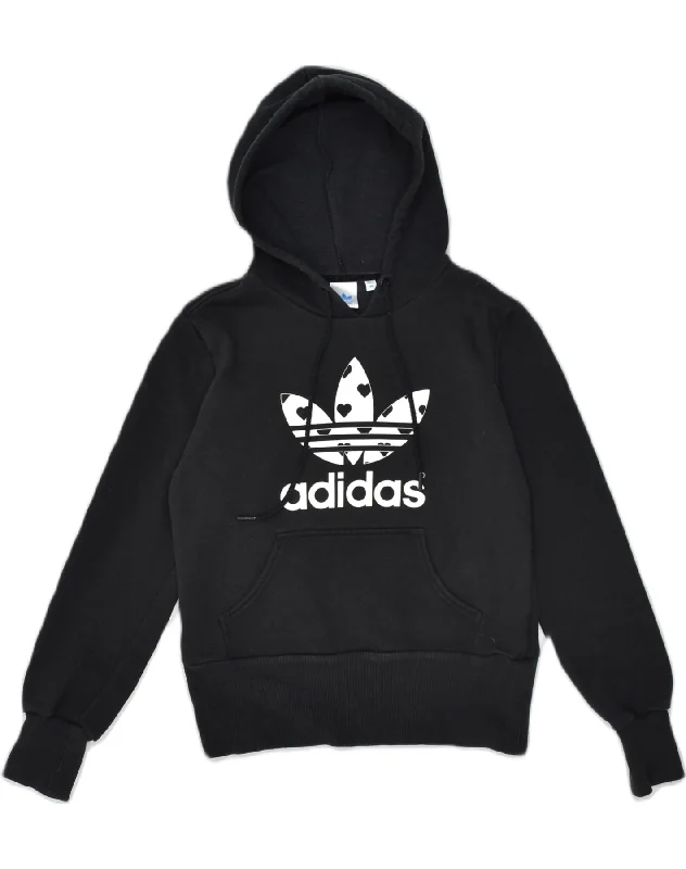 ADIDAS Womens Graphic Hoodie Jumper EU 38 Medium Black Cotton Hoodie with High Neck Warm Protective