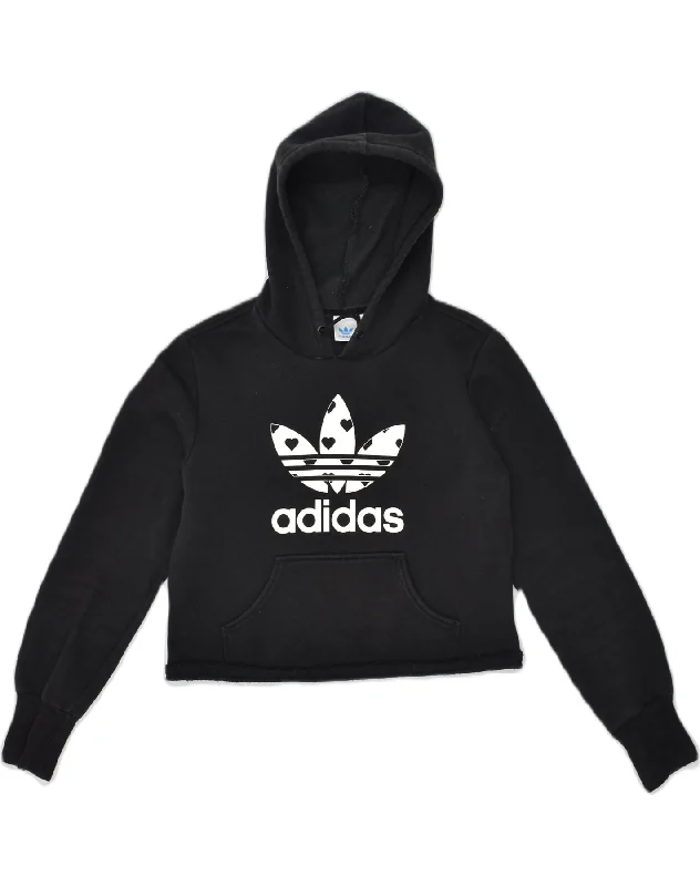 ADIDAS Womens Graphic Hoodie Jumper IT 40 Small Black Cotton Hoodie with Toggle Buttons Decorative Unique