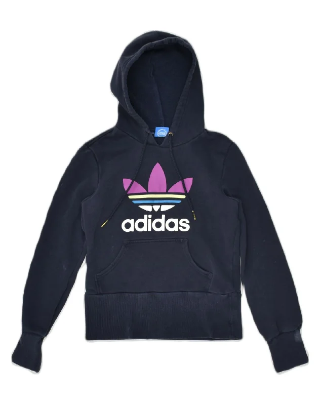 ADIDAS Womens Graphic Hoodie Jumper UK 8 Small Navy Blue Cotton Hoodie with Snap Buttons Easy Quick