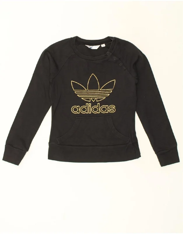 ADIDAS Womens Graphic Sweatshirt Jumper IT 44 Medium Black Cotton Hoodie with Toggle Buttons Decorative Unique