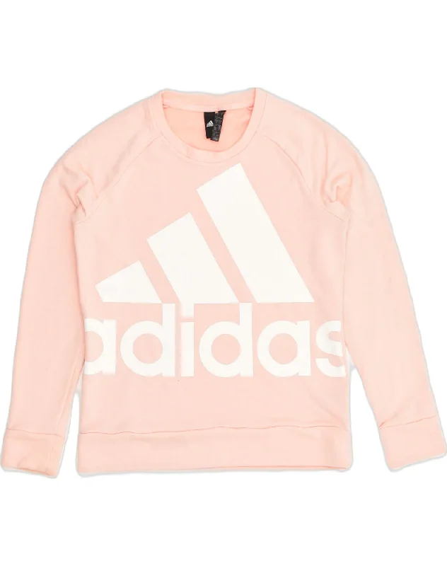 ADIDAS Womens Graphic Sweatshirt Jumper UK 12/14 Medium Pink Cotton Hoodie with Embroidery Detailed Premium