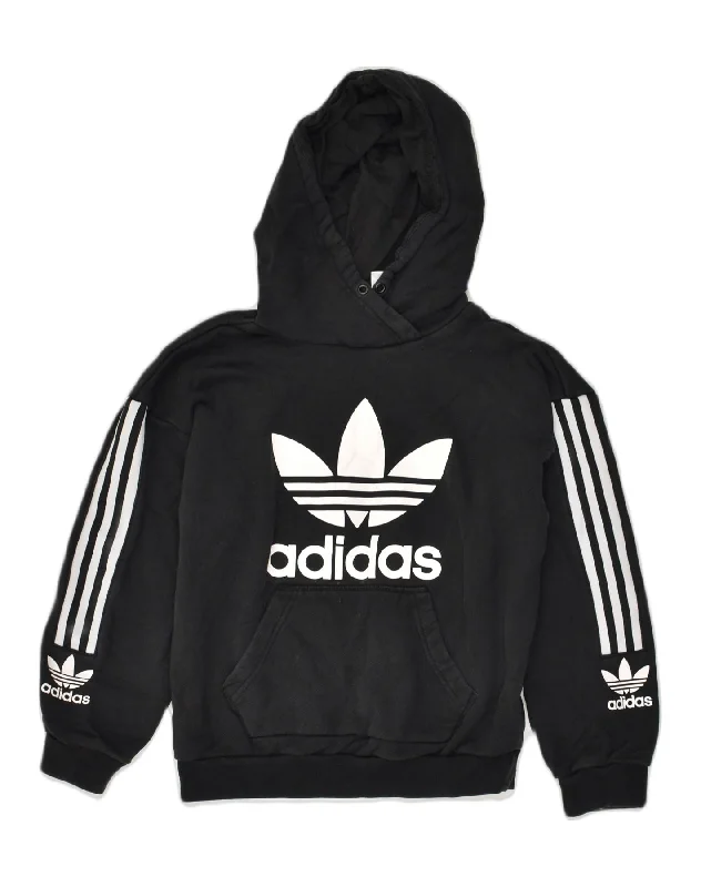 ADIDAS Womens Oversized Graphic Hoodie Jumper UK 8 Small Black Cotton Hoodie with Hem Detail Decorative Unique