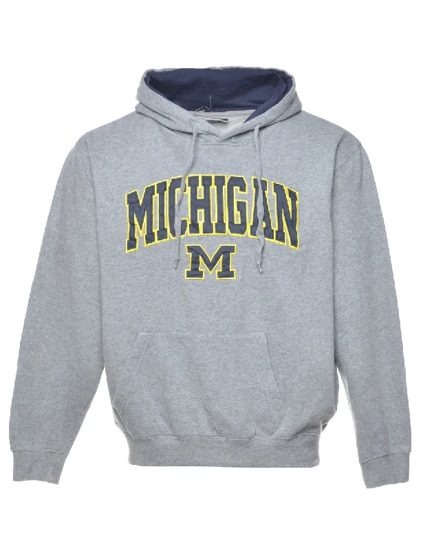 Black Michigan Printed Hoodie - L Hoodie with Ribbed Neckline Snug Warm