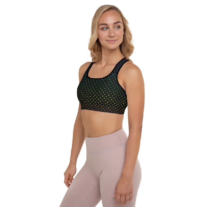 Black Dots Sports Bra, Polka Dots Rainbow Women's Padded Gym Bra-Made in USA/EU Lacy Underwire Bra