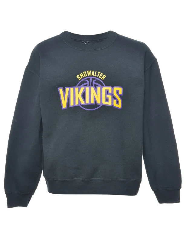 Black Vikings Printed Sweatshirt - M Hoodie with Rhinestones Sparkly Elegant