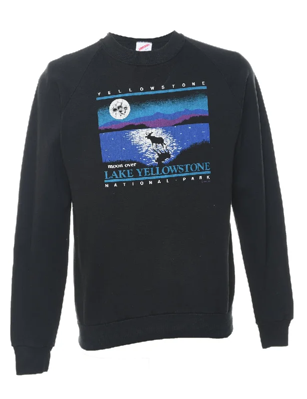 Black Yellowstone Print Sweatshirt - S Hoodie with Ribbed Cuffs Snug Fit Comfort