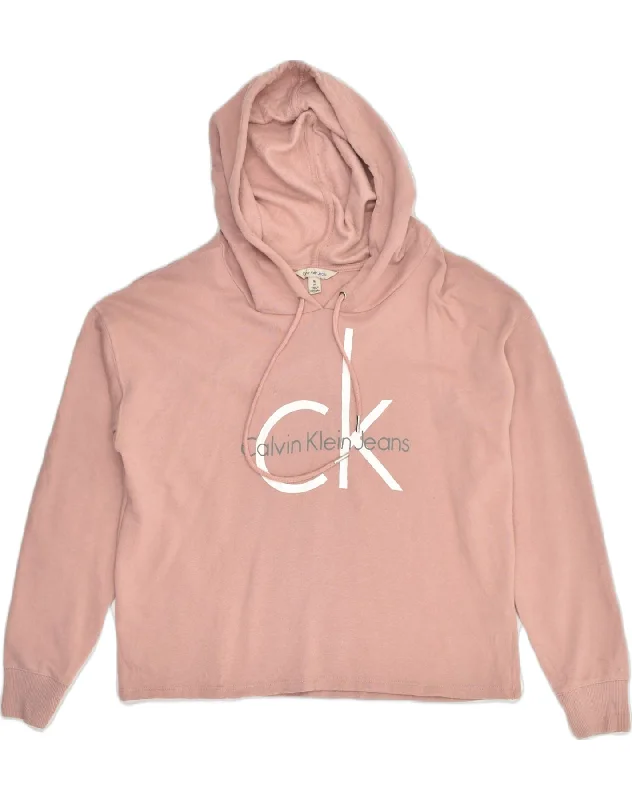 CALVIN KLEIN Womens Graphic Hoodie Jumper UK 12 Medium Pink Cotton Hoodie with Strings Custom Fit Adjustable