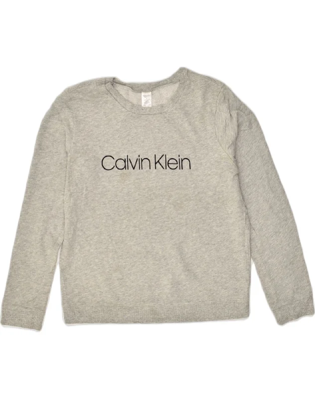 CALVIN KLEIN Womens Graphic Sweatshirt Jumper UK 14 Medium Grey Hoodie with Back Slit Movement Comfort