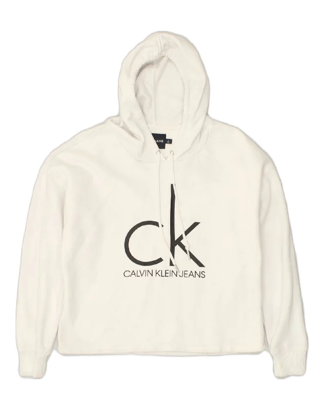 CALVIN KLEIN Womens Loose Fit Graphic Hoodie Jumper UK 14 Medium White Hoodie with Drawstring Waist Adjustable Fitted