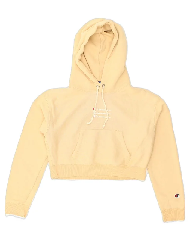 CHAMPION Womens Crop Graphic Hoodie Jumper UK 10 Small Beige Cotton Hoodie with Applique Textured Unique