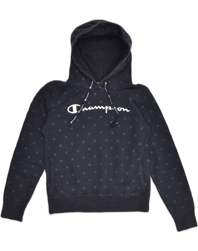 CHAMPION Womens Graphic Hoodie Jumper UK 10 Small  Navy Blue Cotton Hoodie with Hem Contrast Bold Stylish