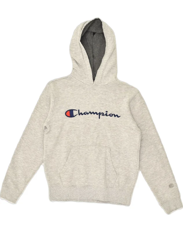 CHAMPION Womens Graphic Hoodie Jumper UK 12 Medium Grey Cotton Hoodie with Cropped Fit Short Trendy