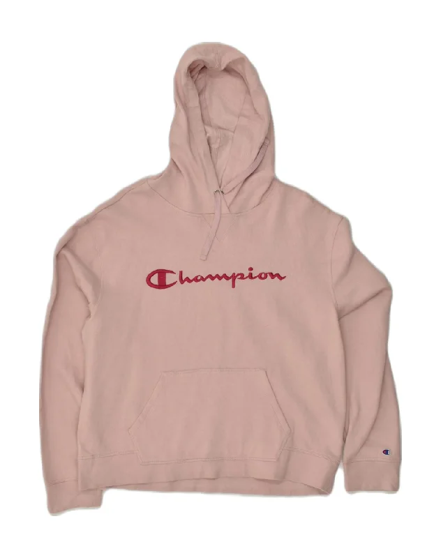 CHAMPION Womens Graphic Hoodie Jumper UK 18 XL  Beige Cotton Hoodie with Contrast Stitching Detailed Premium