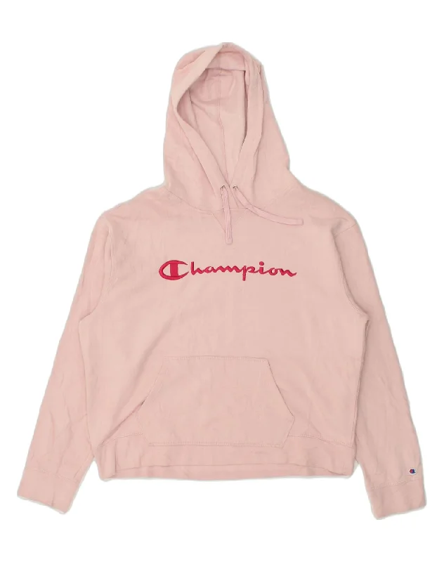 CHAMPION Womens Graphic Hoodie Jumper UK 18 XL Pink Cotton Hoodie with Raw Hem Edgy Unfinished