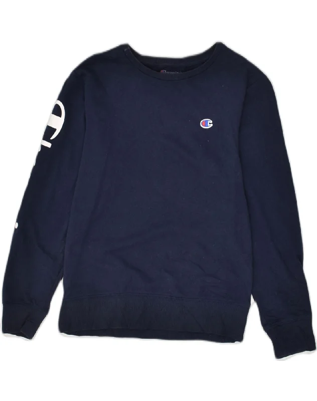 CHAMPION Womens Graphic Sweatshirt Jumper UK 12 Medium Navy Blue Cotton Hoodie with Pastel Soft Subtle