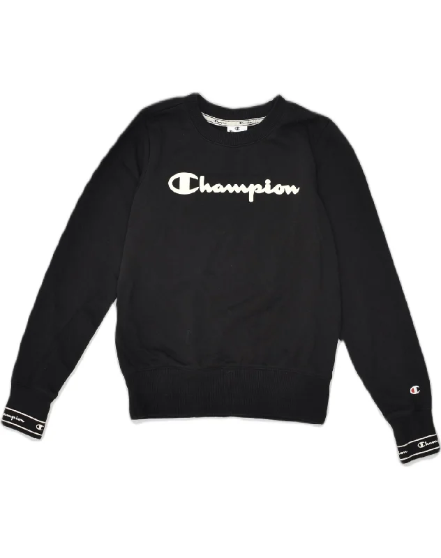 CHAMPION Womens Graphic Sweatshirt Jumper UK 6 XS Black Cotton Hoodie with Puffed Sleeves Voluminous Trendy