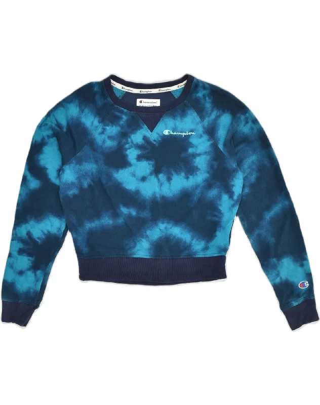 CHAMPION Womens Oversized Crop Sweatshirt Jumper UK 6 XS Blue Tie Dye Hoodie with Raglan Sleeves Sporty Comfortable