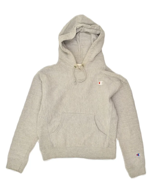 CHAMPION Womens Oversized Hoodie Jumper UK 10 Small Grey Cotton Hoodie with Hem Embroidery Detailed Premium