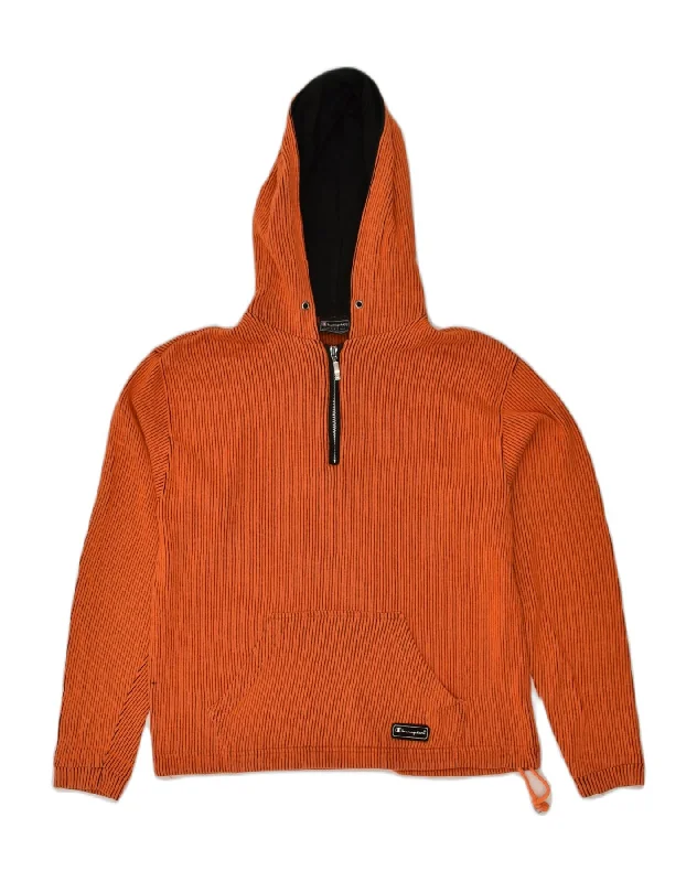 CHAMPION Womens Zip Neck Hoodie Jumper UK 16 Large Orange Striped Cotton Hoodie with Front Slit Layering Stylish