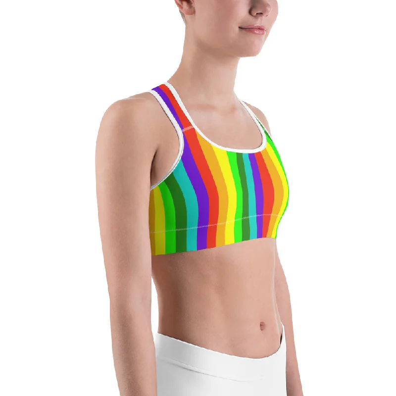 Rainbow Striped Women's Sports Bra, Colorful Bright Workout Fitness Bra-Made in USA/EU (XS-2XL) Full Coverage Bra