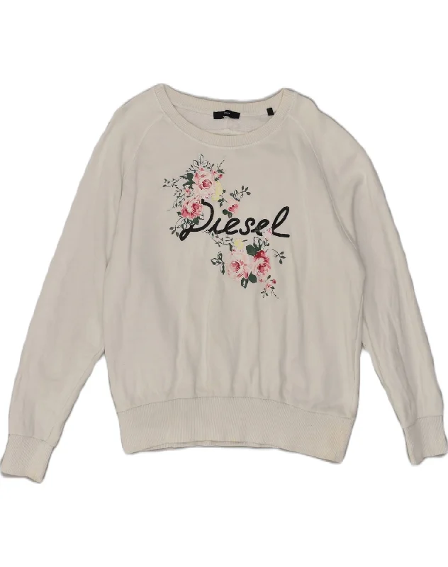 DIESEL Womens Graphic Sweatshirt Jumper UK 10 Small Off White Floral Hoodie Crop Top Short Trendy