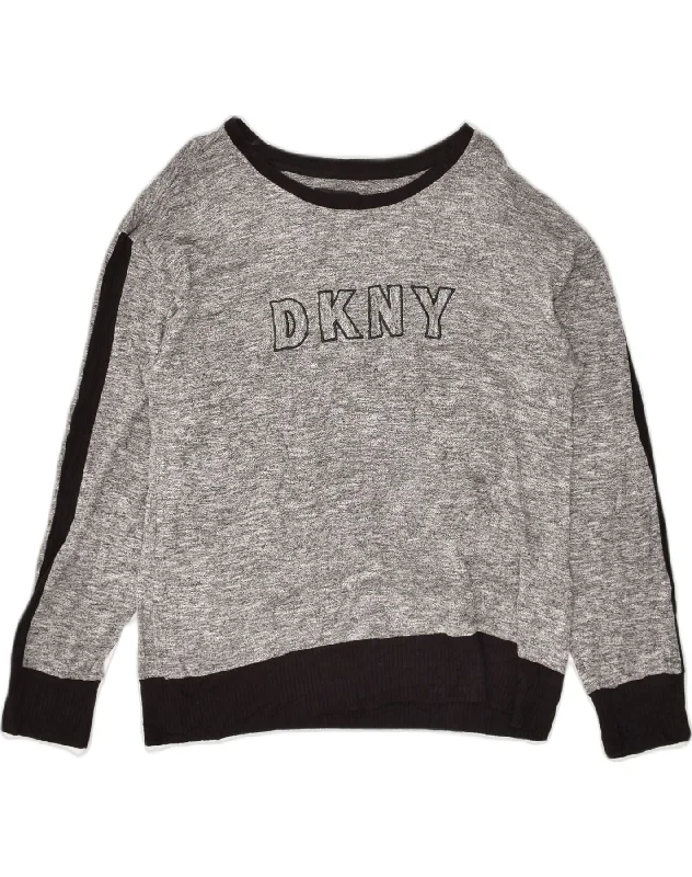 DKNY Womens Graphic Sweatshirt Jumper UK 16 Large Grey Flecked Viscose Hoodie with Hem Applique Textured Unique