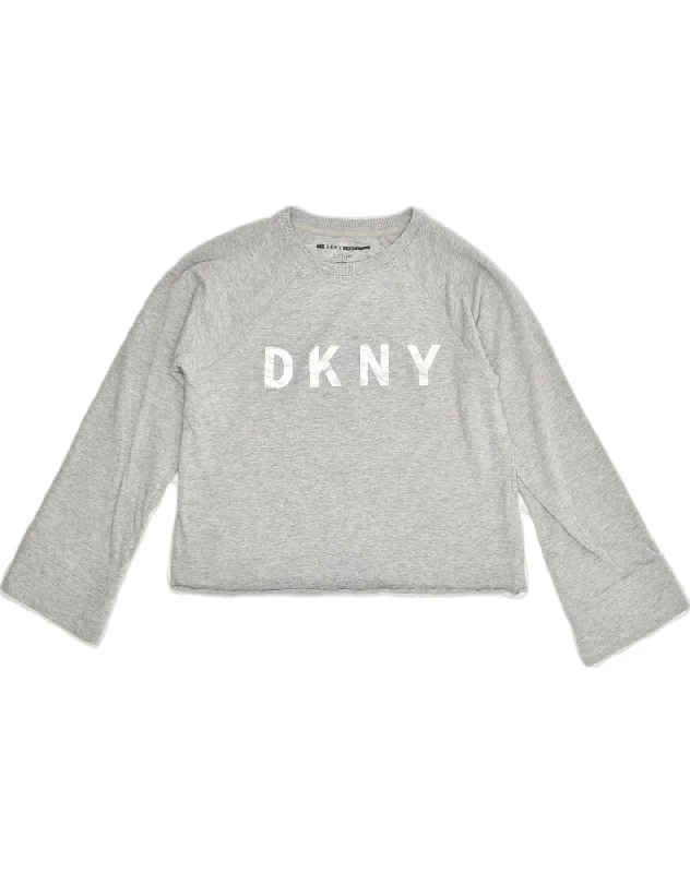 DKNY Womens Loose Fit Crop Sweatshirt Jumper UK 6 XS  Grey Cotton Hoodie with Rhinestones Sparkly Elegant