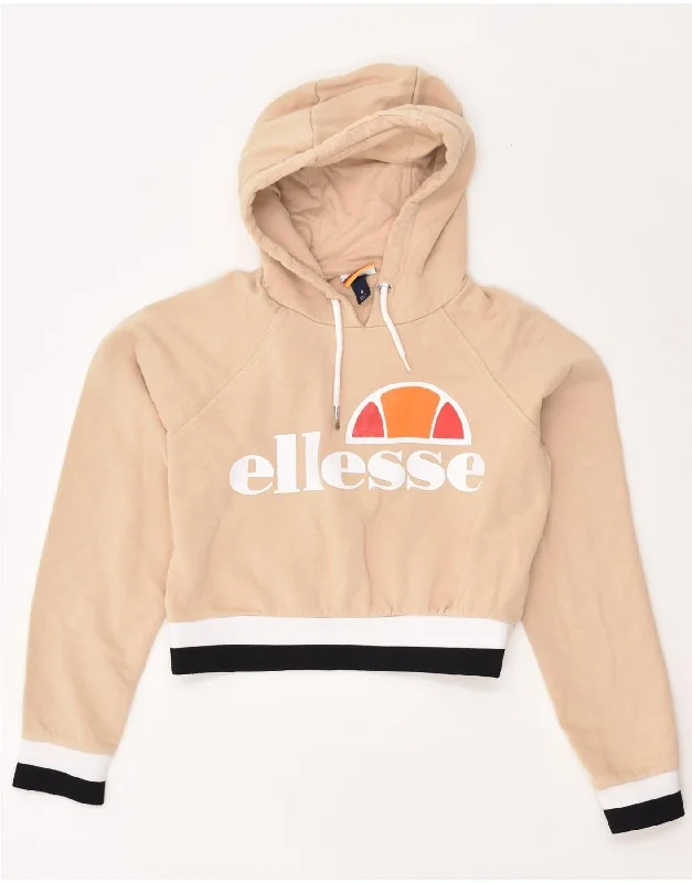 ELLESSE Womens Graphic Crop Hoodie Jumper US 8 Medium Beige Cotton Hoodie with Strings Custom Fit Adjustable