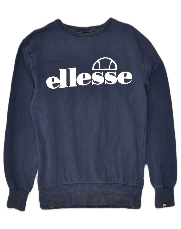 ELLESSE Womens Graphic Sweatshirt Jumper UK 8 Small Navy Blue Cotton Hoodie with Cropped Fit Short Trendy