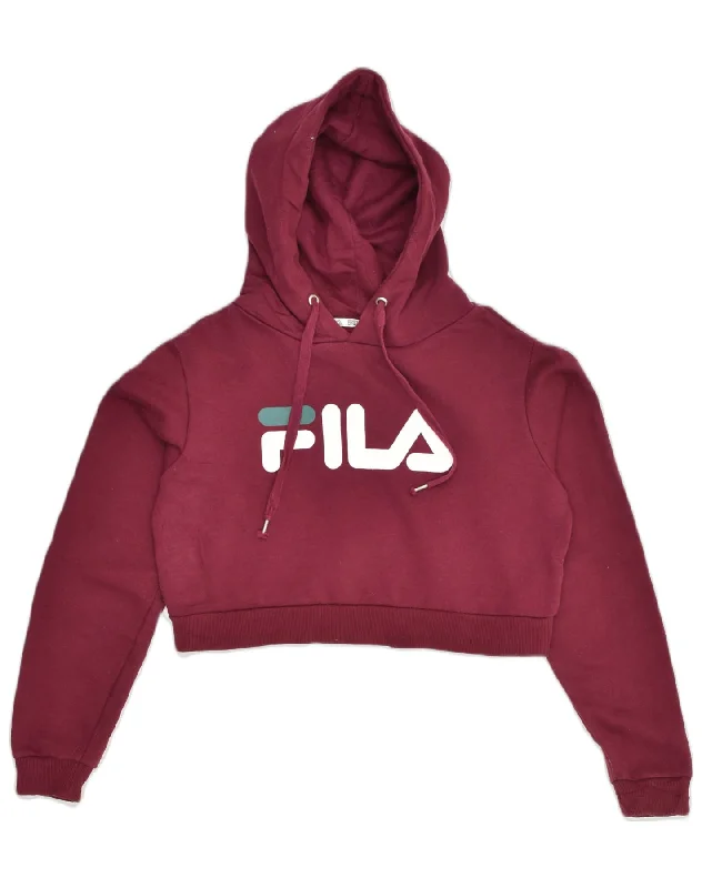 FILA Womens Graphic Crop Hoodie Jumper UK 14 Medium Burgundy Hoodie with Slim Fit Tailored Modern