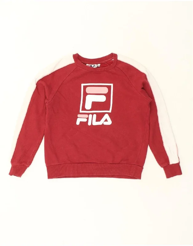 FILA Womens Graphic Sweatshirt Jumper US 4 Small Red Colourblock Cotton Hoodie with Pocket Utility Practical